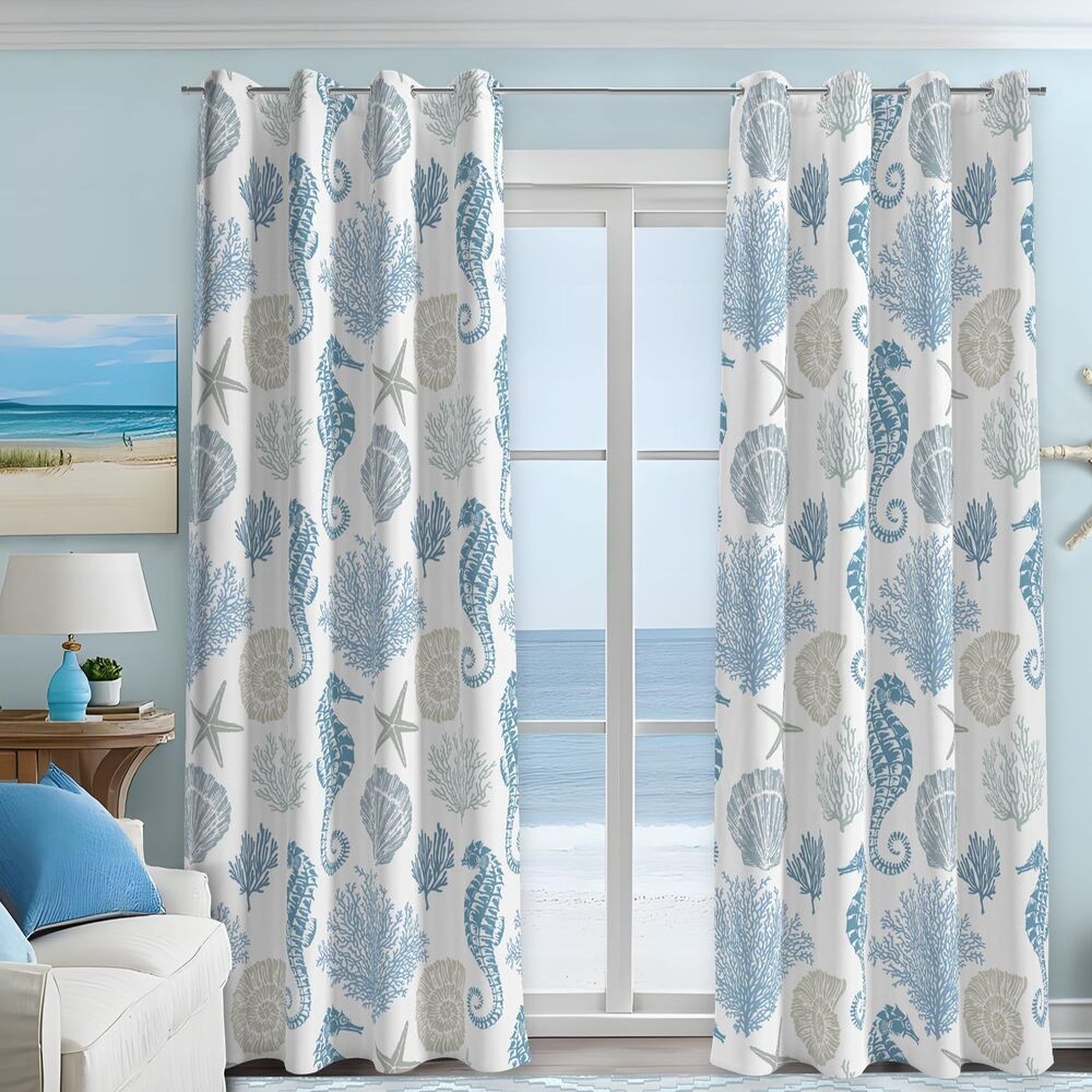 Set of 2 Panels, 52x96 Inches, Nautical Coastal Curtains (Blue and White)